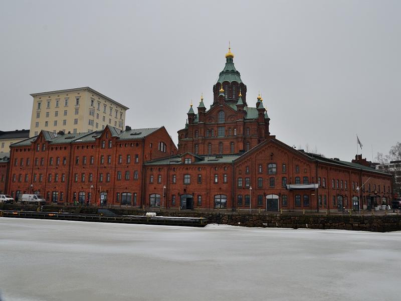 Finland0443.jpg - Uspenski Orthodox Cathedral and redbrick Katajanokka Warehouse seen from the Helsinki harbour